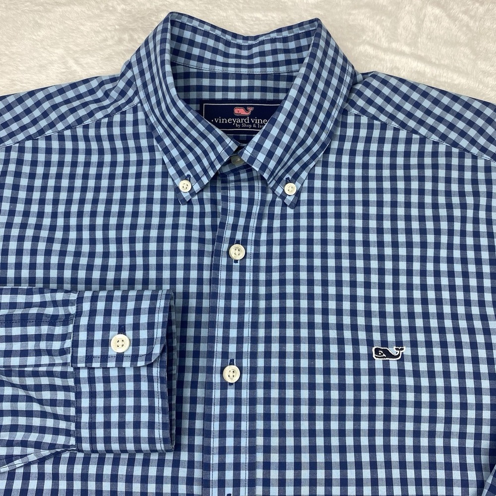 Vineyard Vines Mens Medium Slim Fit Whale Shirt Blue Check Long Sleeve